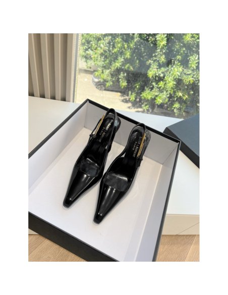 Cheap Reps Saint Laurent Lee Slingback Pumps in Black Glazed Leather