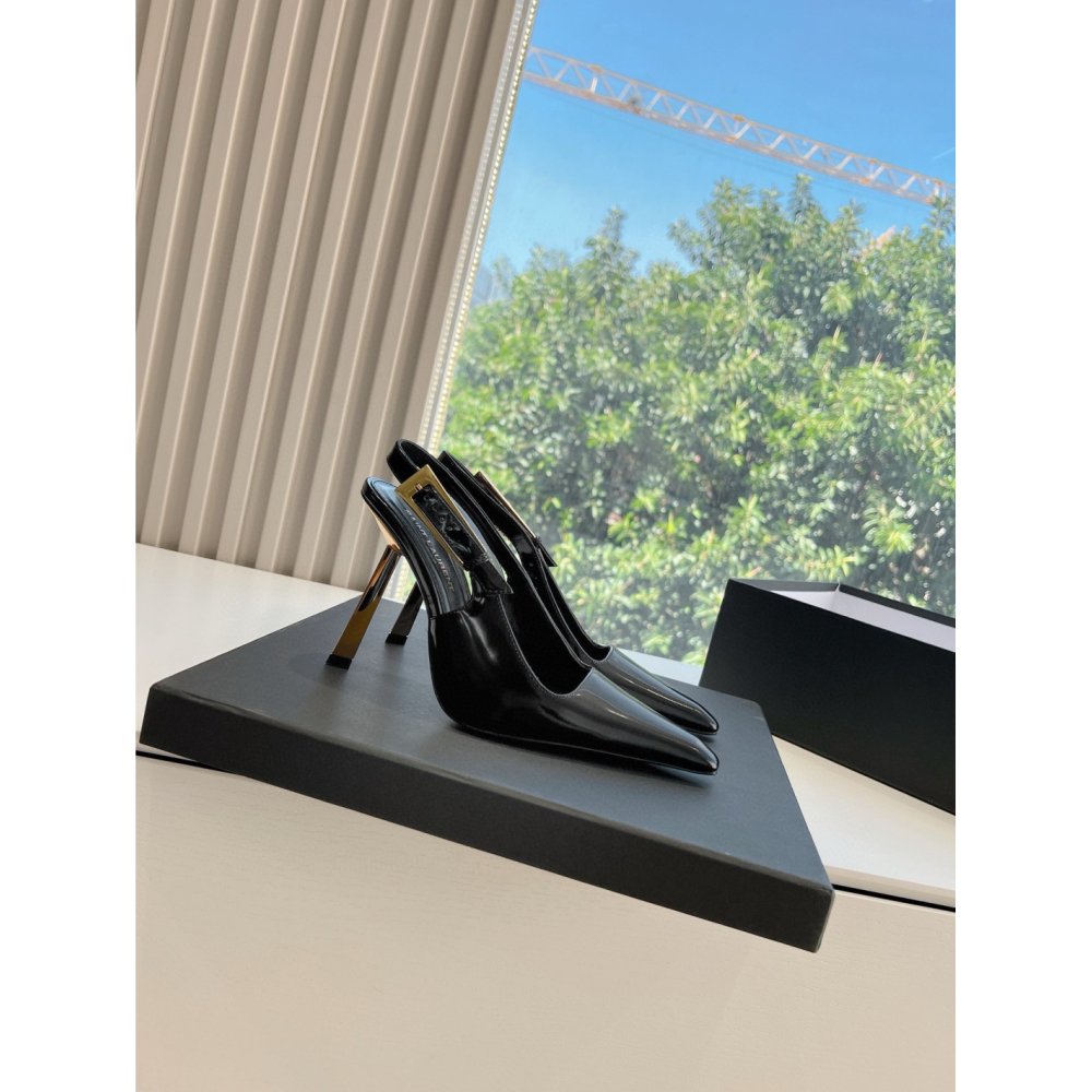 Cheap Reps Saint Laurent Lee Slingback Pumps in Black Glazed Leather