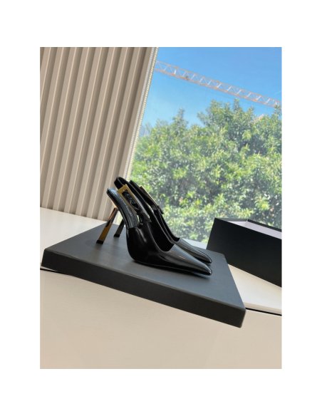 Cheap Reps Saint Laurent Lee Slingback Pumps in Black Glazed Leather