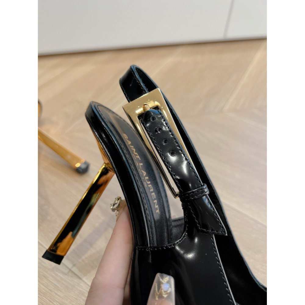 Cheap Reps Saint Laurent Lee Slingback Pumps in Black Glazed Leather