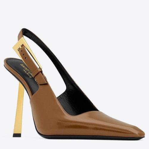 Cheap Reps Saint Laurent Lee Slingback Pumps in Brown Glazed Leather