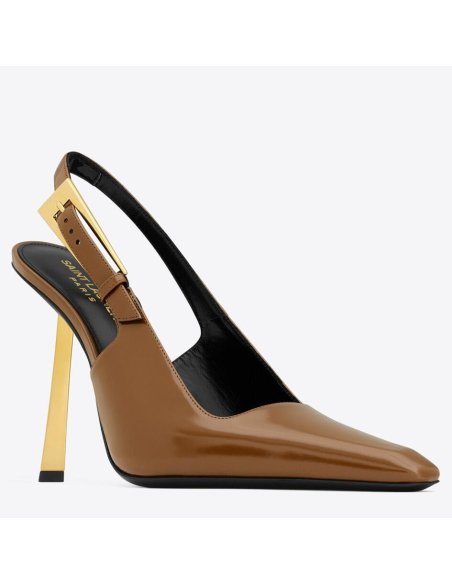 Cheap Reps Saint Laurent Lee Slingback Pumps in Brown Glazed Leather