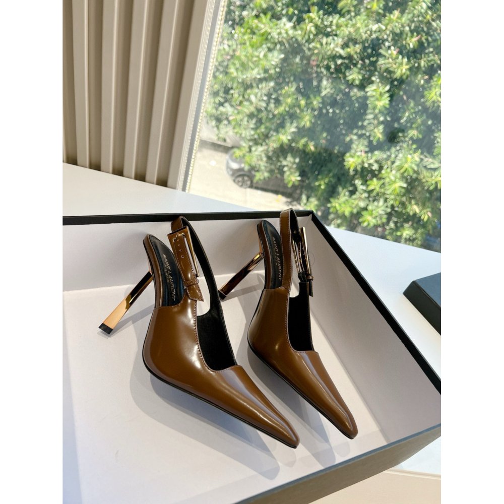Cheap Reps Saint Laurent Lee Slingback Pumps in Brown Glazed Leather