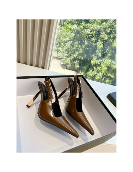 Cheap Reps Saint Laurent Lee Slingback Pumps in Brown Glazed Leather