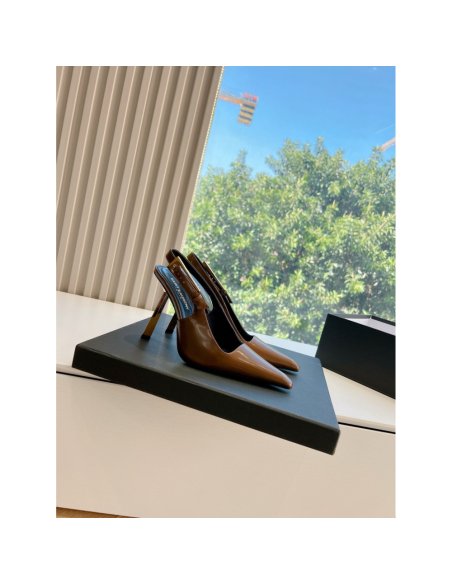 Cheap Reps Saint Laurent Lee Slingback Pumps in Brown Glazed Leather