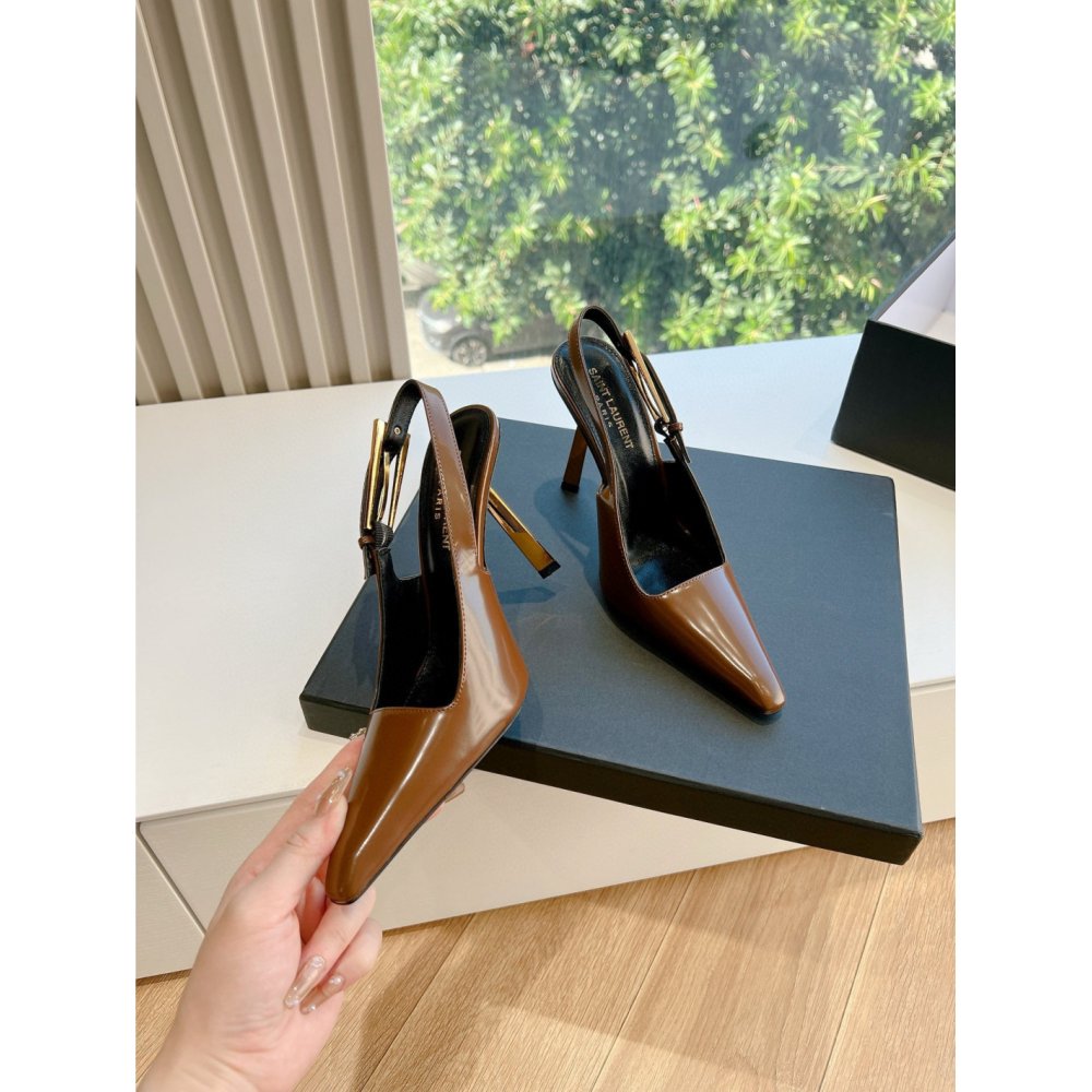 Cheap Reps Saint Laurent Lee Slingback Pumps in Brown Glazed Leather