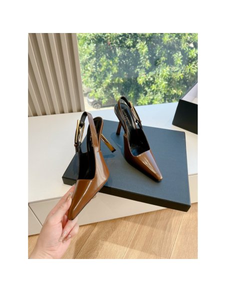 Cheap Reps Saint Laurent Lee Slingback Pumps in Brown Glazed Leather