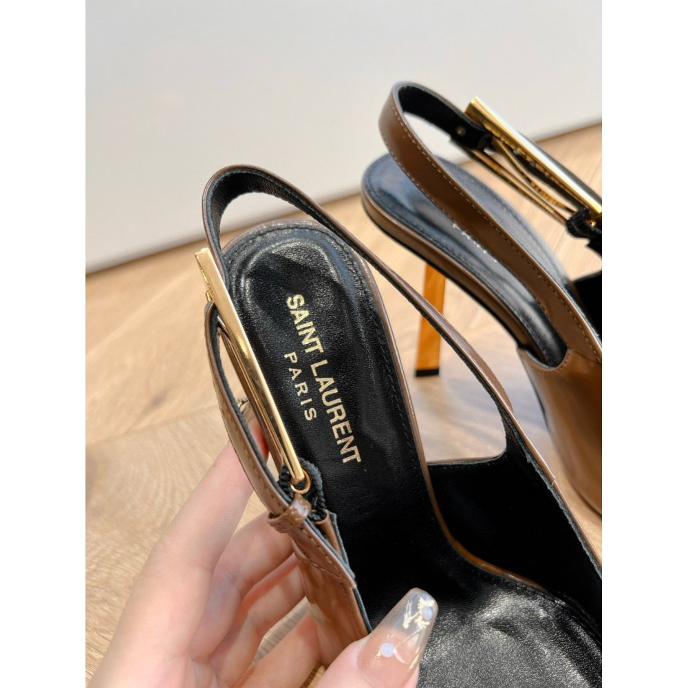Cheap Reps Saint Laurent Lee Slingback Pumps in Brown Glazed Leather