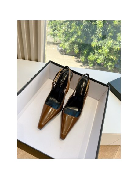 Cheap Reps Saint Laurent Lee Slingback Pumps in Brown Glazed Leather