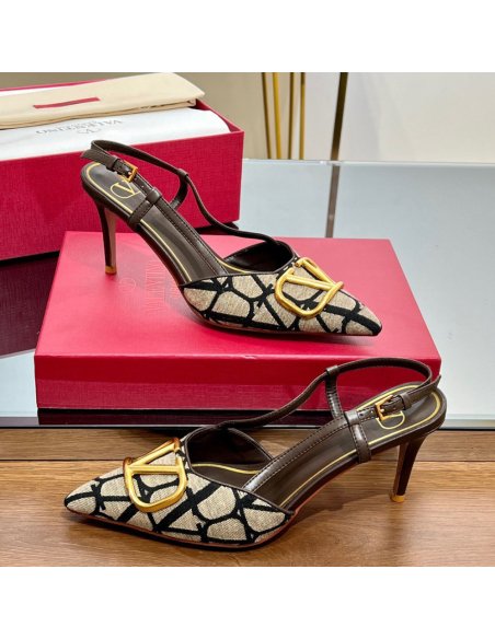 Cheap Reps Valentino Vlogo Slingback Pumps 80mm In Black Toile Iconographe