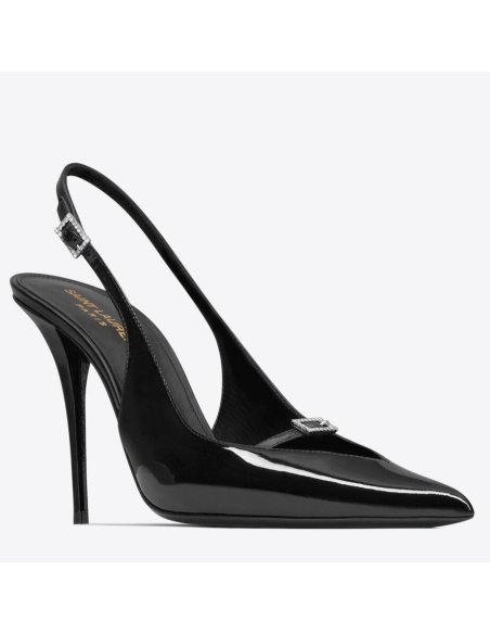 Cheap Reps Saint Laurent Luna Slingback Pumps 105mm In Black Patent Leather