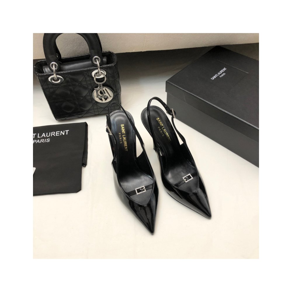 Cheap Reps Saint Laurent Luna Slingback Pumps 105mm In Black Patent Leather