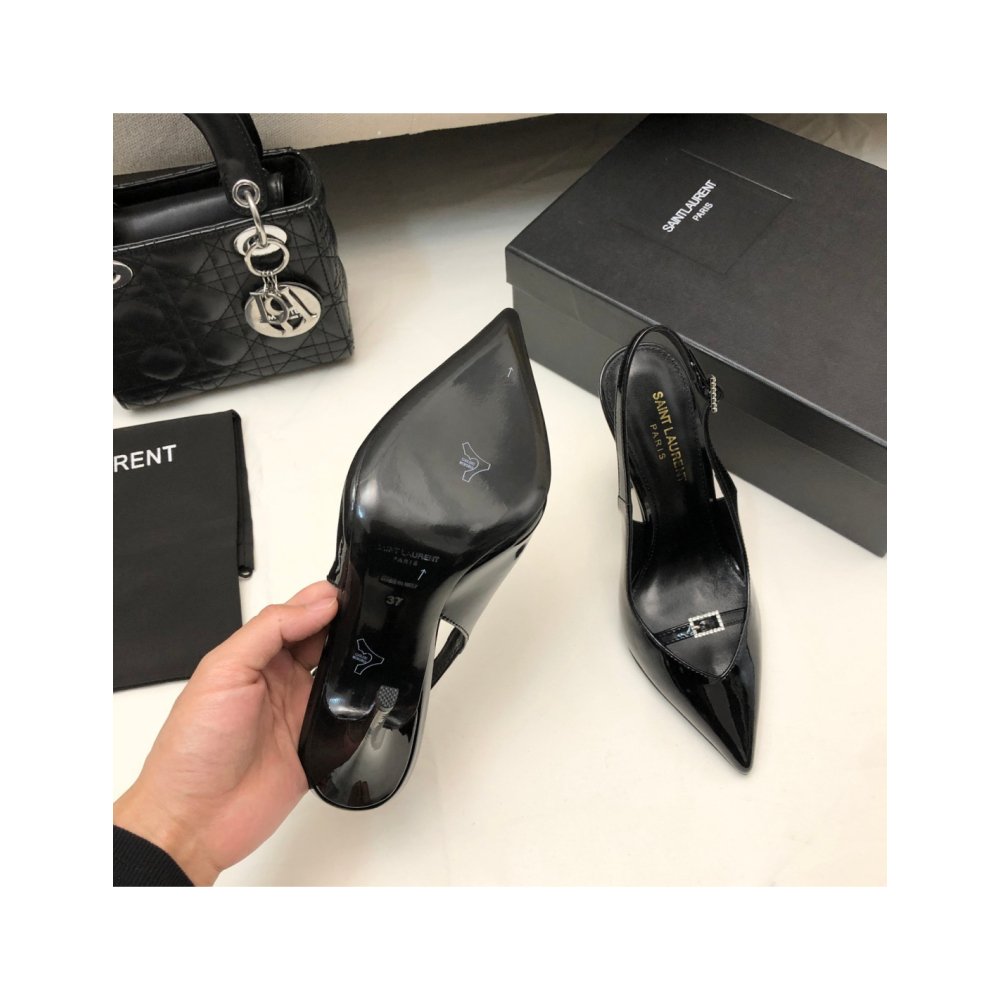 Cheap Reps Saint Laurent Luna Slingback Pumps 105mm In Black Patent Leather