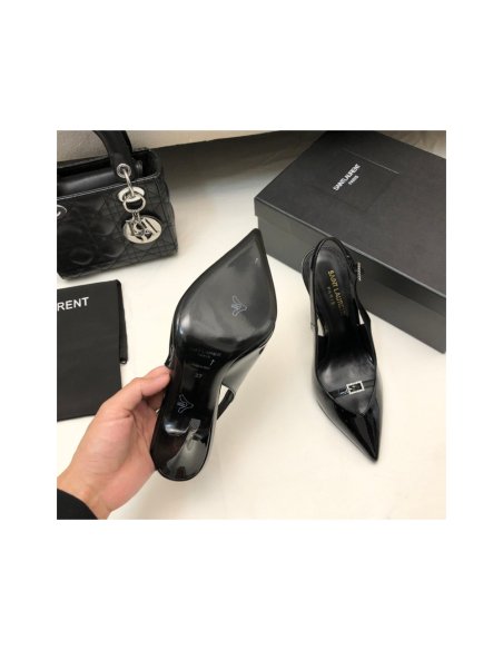 Cheap Reps Saint Laurent Luna Slingback Pumps 105mm In Black Patent Leather