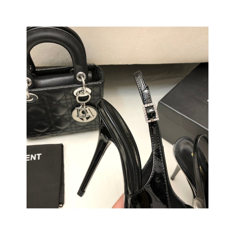 Cheap Reps Saint Laurent Luna Slingback Pumps 105mm In Black Patent Leather