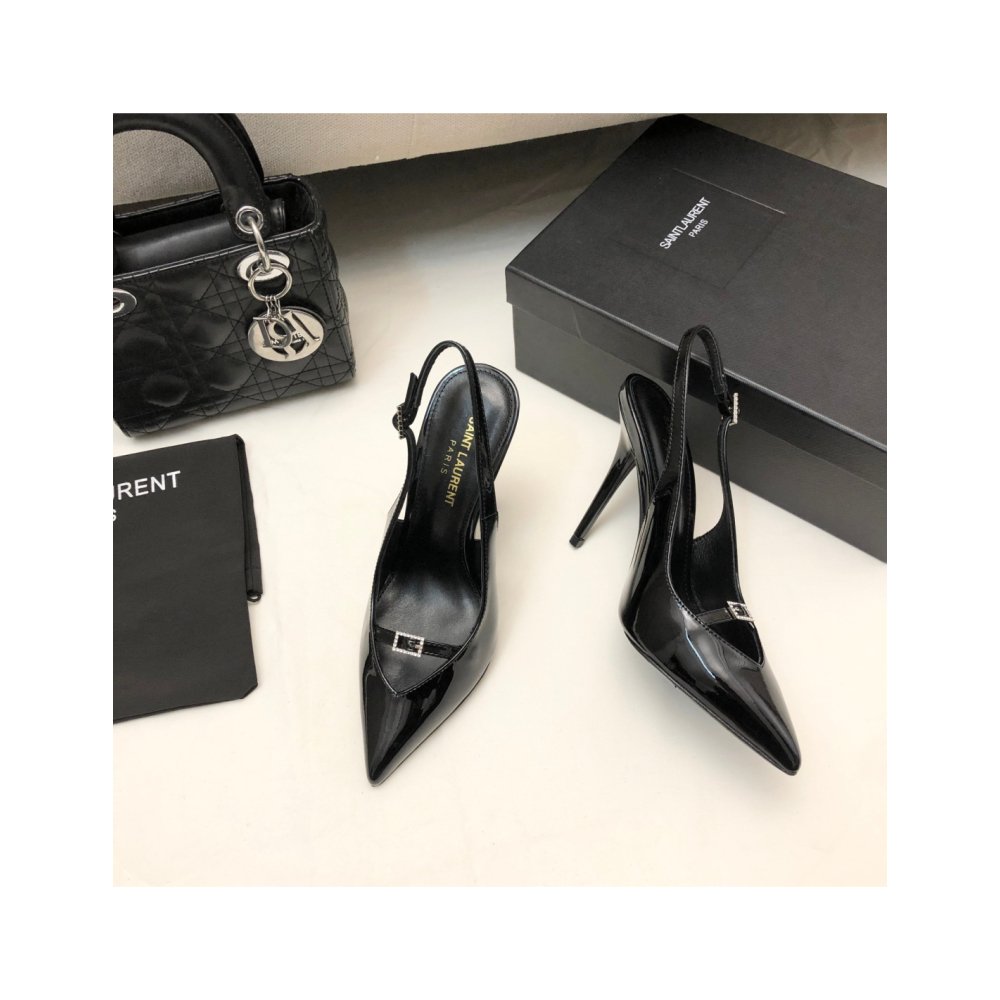 Cheap Reps Saint Laurent Luna Slingback Pumps 105mm In Black Patent Leather