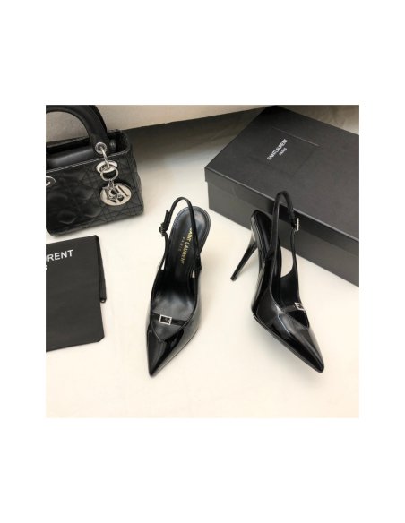 Cheap Reps Saint Laurent Luna Slingback Pumps 105mm In Black Patent Leather