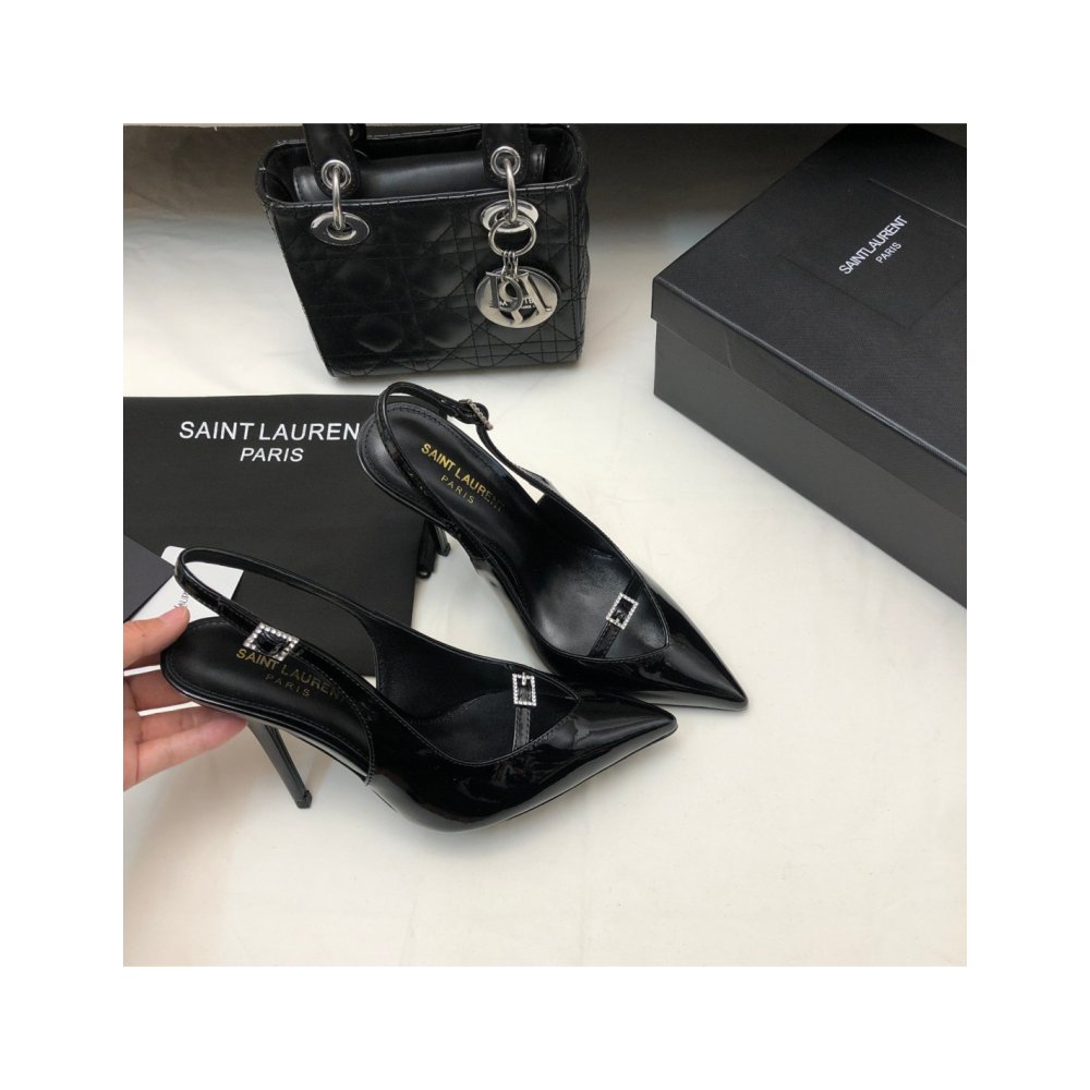 Cheap Reps Saint Laurent Luna Slingback Pumps 105mm In Black Patent Leather