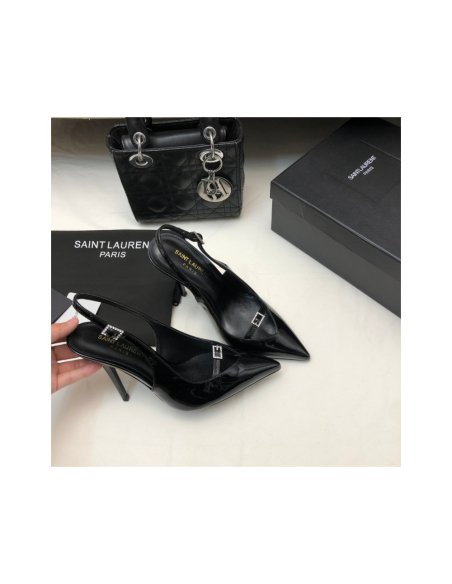 Cheap Reps Saint Laurent Luna Slingback Pumps 105mm In Black Patent Leather