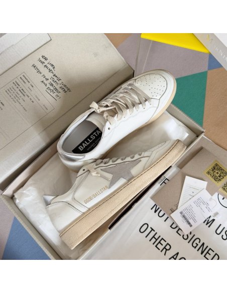 Cheap Reps Golden Goose Womens Ball Star Sneakers with Suede Atar and Metallic Leather Heel Tab