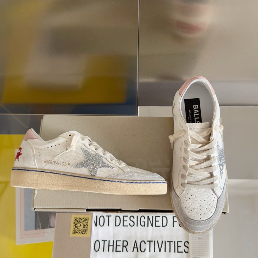 Cheap Reps Golden Goose Womens Ball Star Sneakers with Silver Glitter Star and Pink Suede Heel Tab