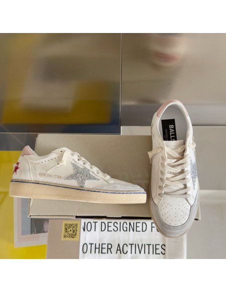 Cheap Reps Golden Goose Womens Ball Star Sneakers with Silver Glitter Star and Pink Suede Heel Tab