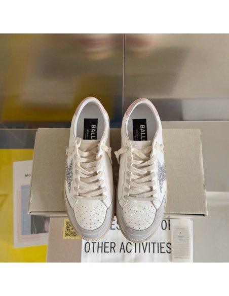 Cheap Reps Golden Goose Womens Ball Star Sneakers with Silver Glitter Star and Pink Suede Heel Tab
