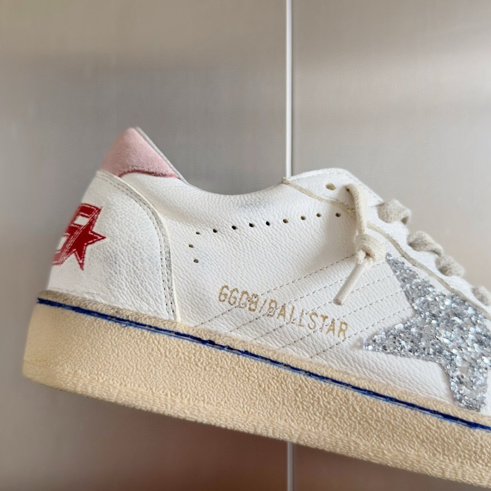Cheap Reps Golden Goose Womens Ball Star Sneakers with Silver Glitter Star and Pink Suede Heel Tab
