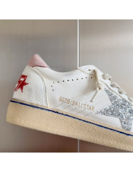 Cheap Reps Golden Goose Womens Ball Star Sneakers with Silver Glitter Star and Pink Suede Heel Tab