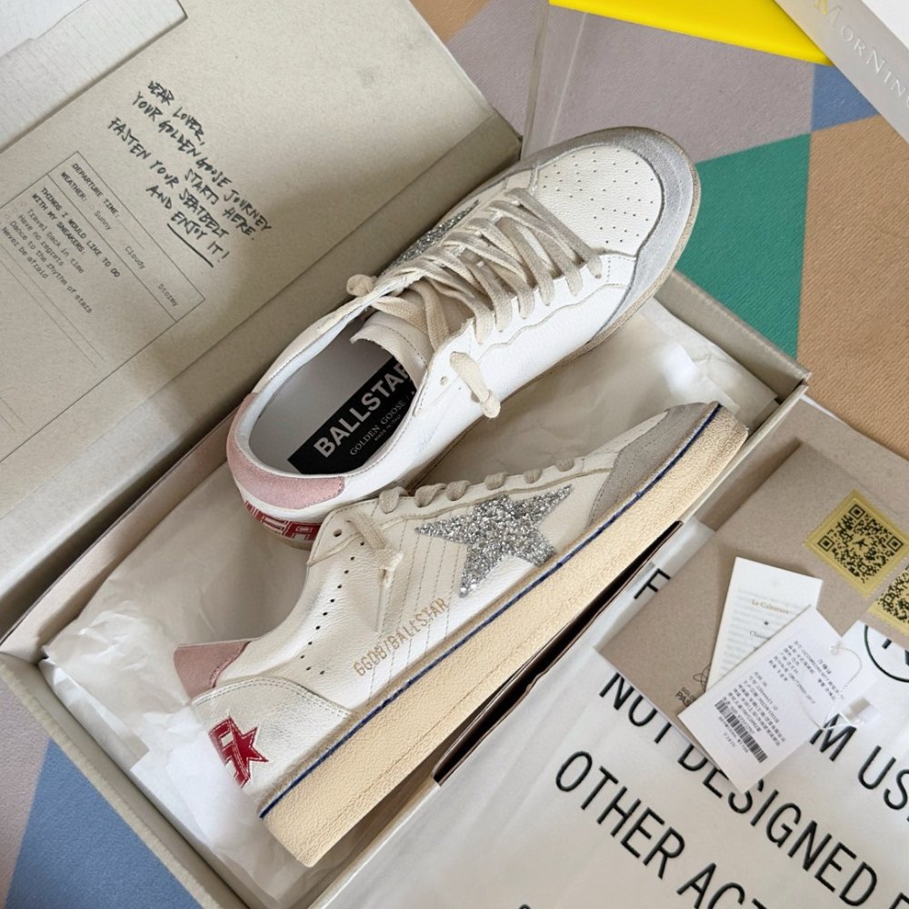 Cheap Reps Golden Goose Womens Ball Star Sneakers with Silver Glitter Star and Pink Suede Heel Tab