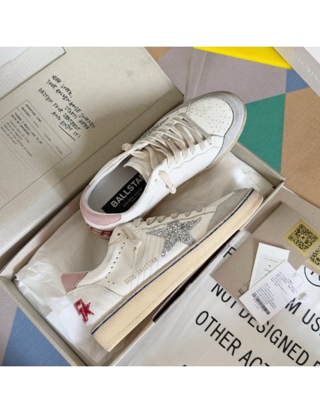 Cheap Reps Golden Goose Womens Ball Star Sneakers with Silver Glitter Star and Pink Suede Heel Tab