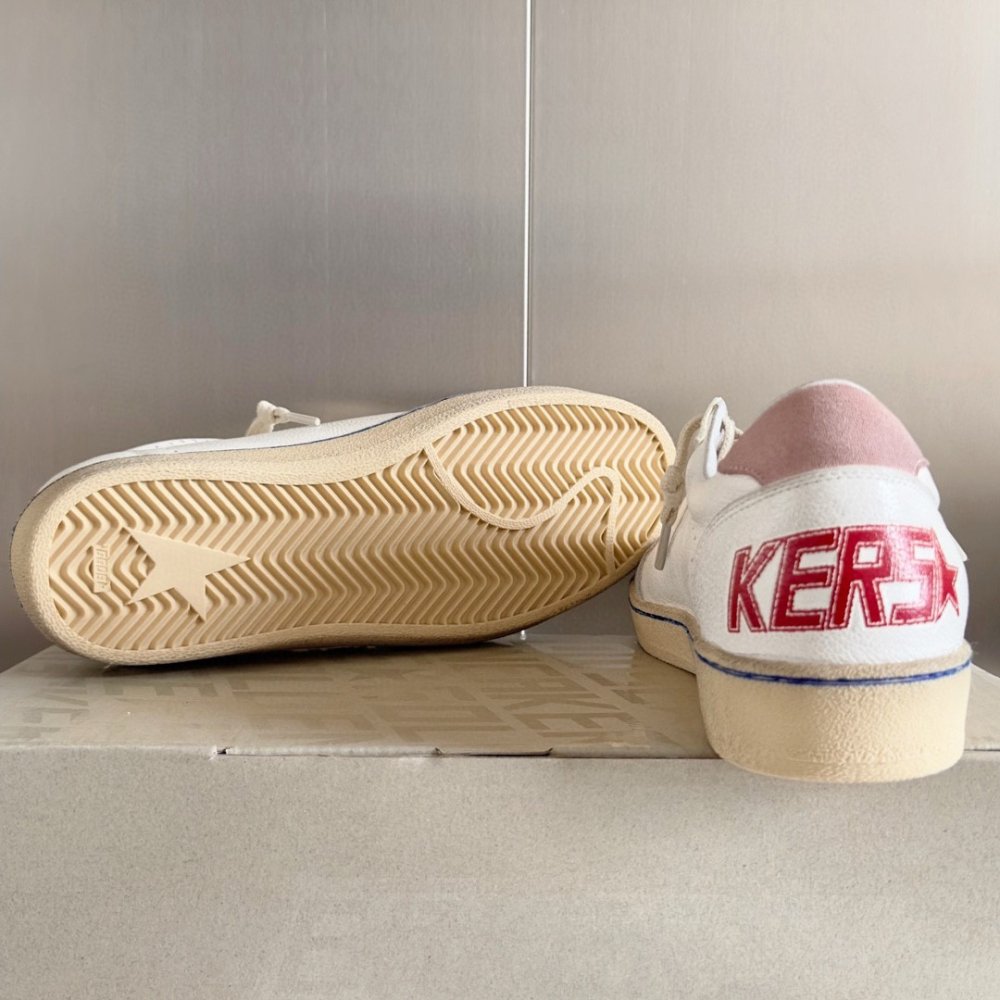 Cheap Reps Golden Goose Womens Ball Star Sneakers with Silver Glitter Star and Pink Suede Heel Tab