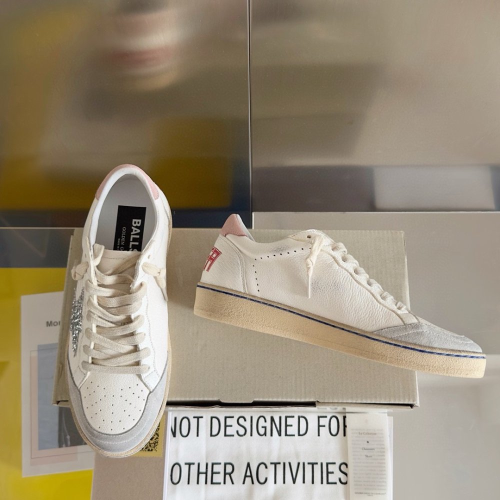 Cheap Reps Golden Goose Womens Ball Star Sneakers with Silver Glitter Star and Pink Suede Heel Tab