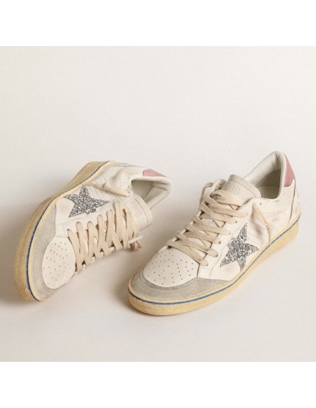 Cheap Reps Golden Goose Womens Ball Star Sneakers with Silver Glitter Star and Pink Suede Heel Tab