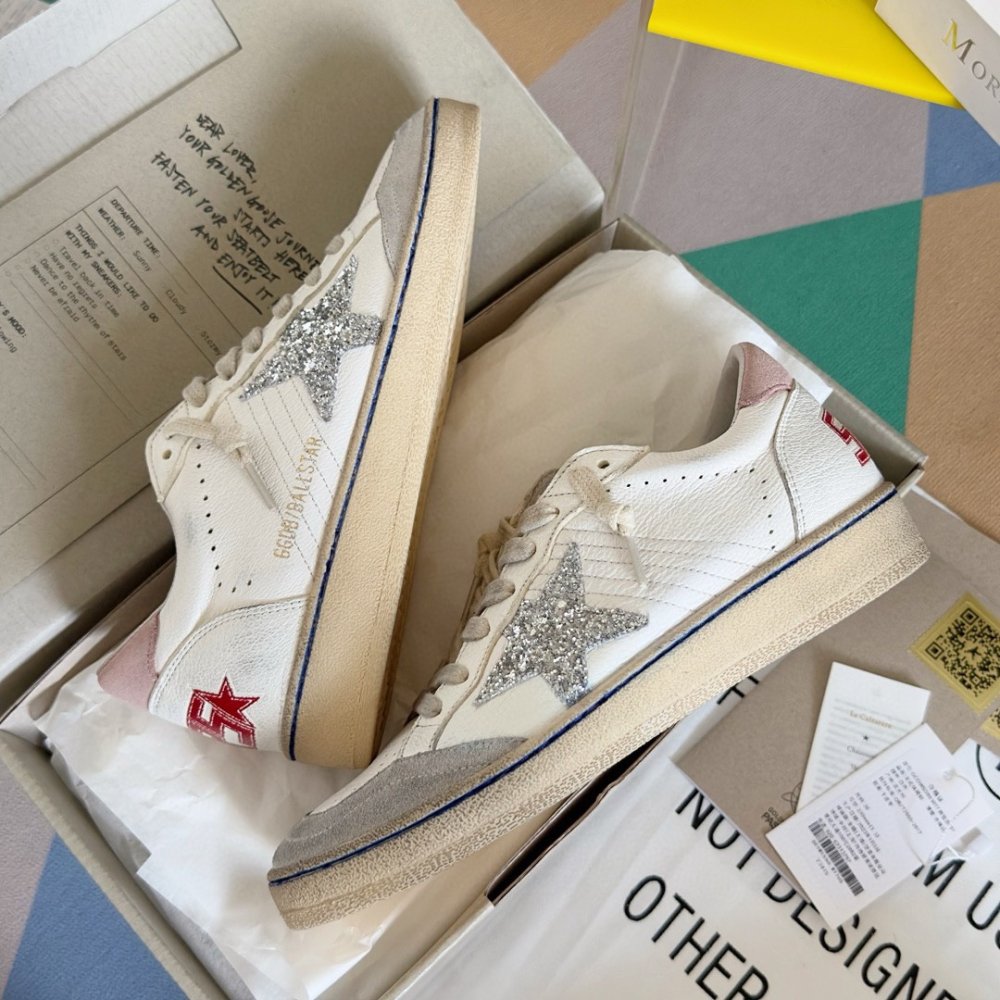 Cheap Reps Golden Goose Womens Ball Star Sneakers with Silver Glitter Star and Pink Suede Heel Tab