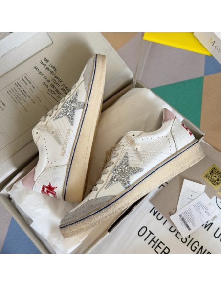 Cheap Reps Golden Goose Womens Ball Star Sneakers with Silver Glitter Star and Pink Suede Heel Tab