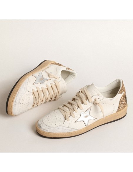 Cheap Reps Golden Goose Womens Ball Star Sneakers with Silver Star and Gold Glitter Heel Tab