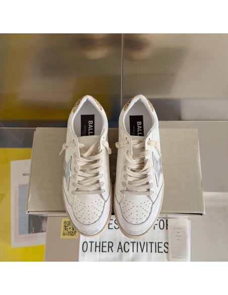 Cheap Reps Golden Goose Womens Ball Star Sneakers with Silver Star and Gold Glitter Heel Tab