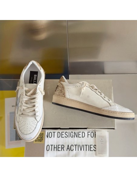 Cheap Reps Golden Goose Womens Ball Star Sneakers with Silver Star and Gold Glitter Heel Tab