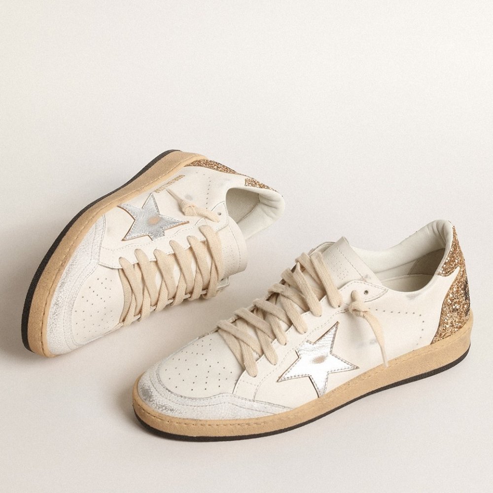 Cheap Reps Golden Goose Womens Ball Star Sneakers with Silver Star and Gold Glitter Heel Tab