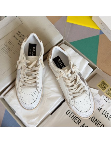 Cheap Reps Golden Goose Womens Ball Star Sneakers with Silver Star and Gold Glitter Heel Tab