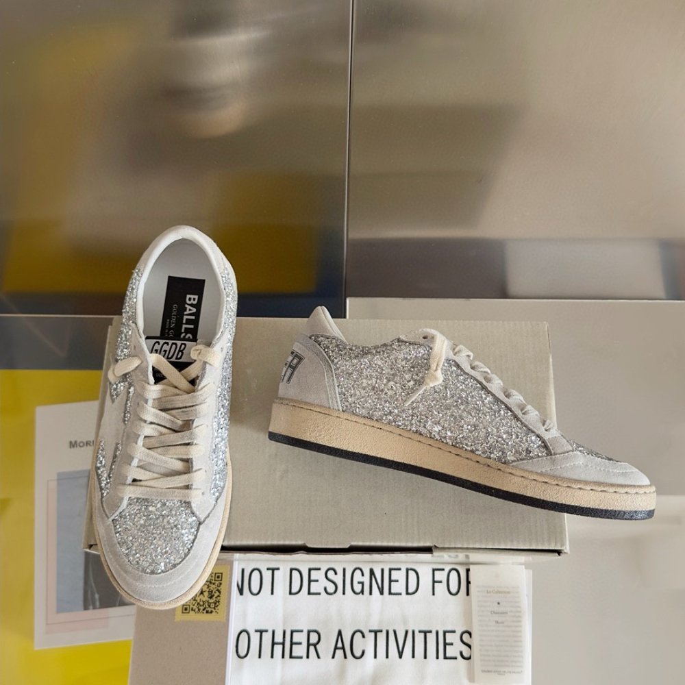 Cheap Reps Golden Goose Womens Ball Star Sneakers in Silver Glitter and Suede
