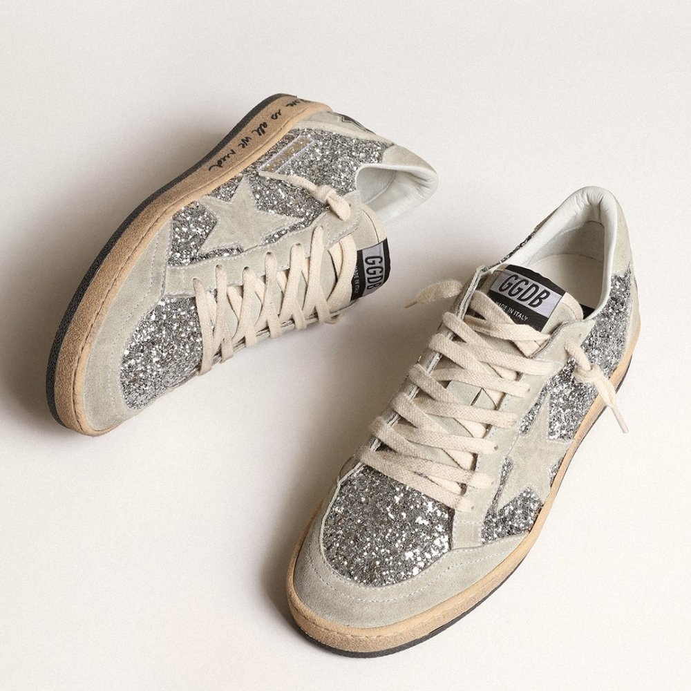 Cheap Reps Golden Goose Womens Ball Star Sneakers in Silver Glitter and Suede