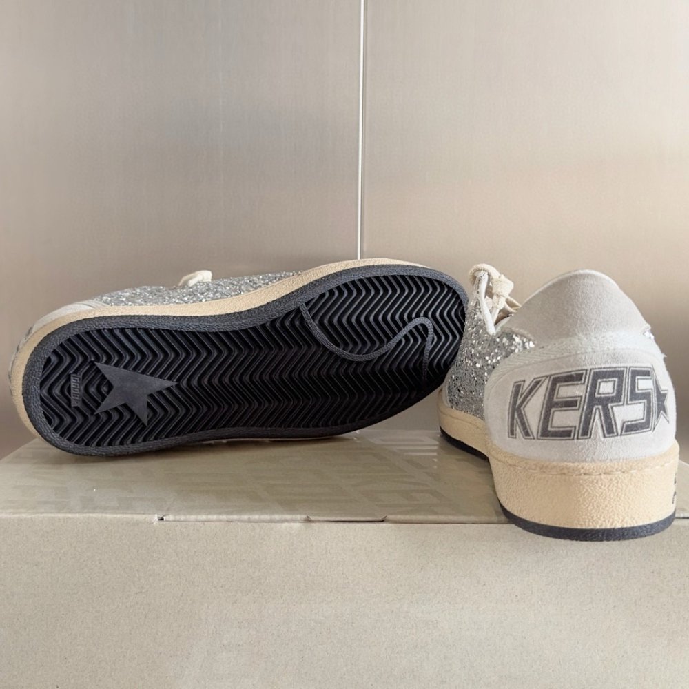 Cheap Reps Golden Goose Womens Ball Star Sneakers in Silver Glitter and Suede
