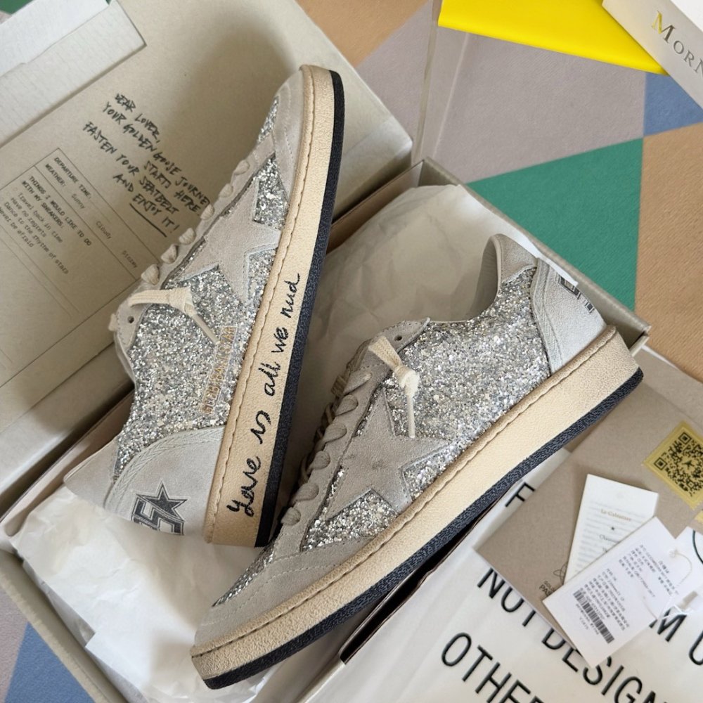 Cheap Reps Golden Goose Womens Ball Star Sneakers in Silver Glitter and Suede