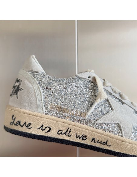 Cheap Reps Golden Goose Womens Ball Star Sneakers in Silver Glitter and Suede