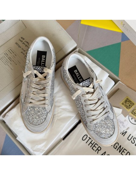 Cheap Reps Golden Goose Womens Ball Star Sneakers in Silver Glitter and Suede