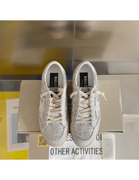 Cheap Reps Golden Goose Womens Ball Star Sneakers in Silver Glitter and Suede