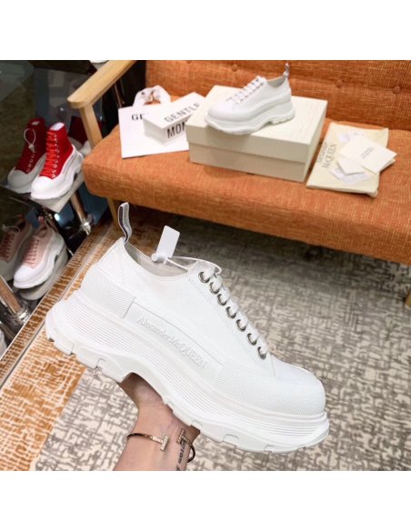 Cheap Reps Alexander McQueen Womens White Tread Slick Lace Up Sneakers