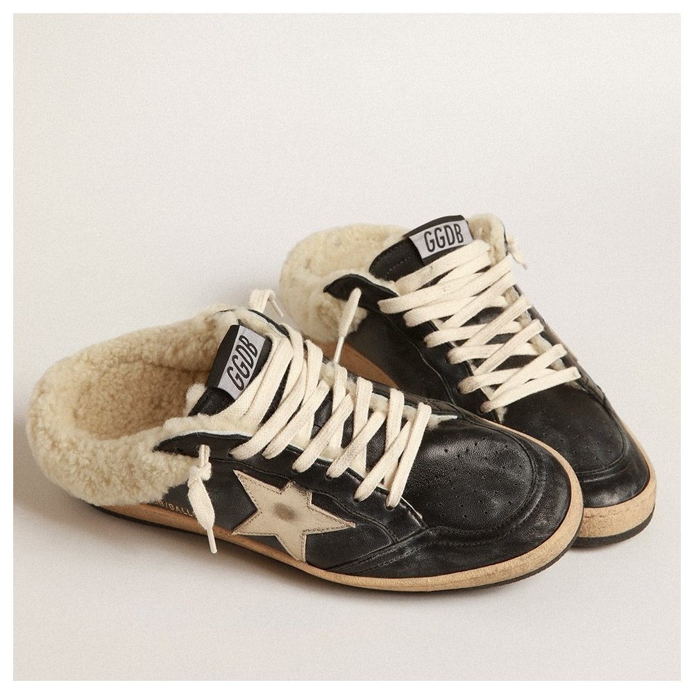 Cheap Reps Golden Goose Womens Black Ball Star Sabots with Shearling Lining